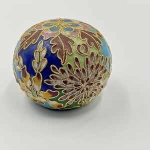 Vintage Cloisonné Paperweight Round Cobalt Blue Enamel Brass